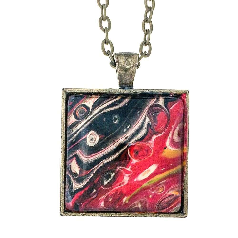 Fluid Art Square Pendant & Necklace in Shades of Red, Black & Gold